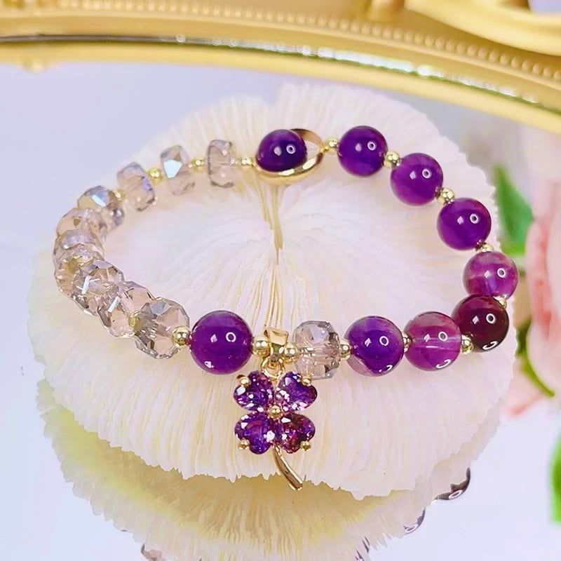 Vòng Tay Phong Thuỷ Cao Cấp - Cỏ 4 Lá May Mắn Pha Lê & Thạch Anh Tím Thiên Nhiên
