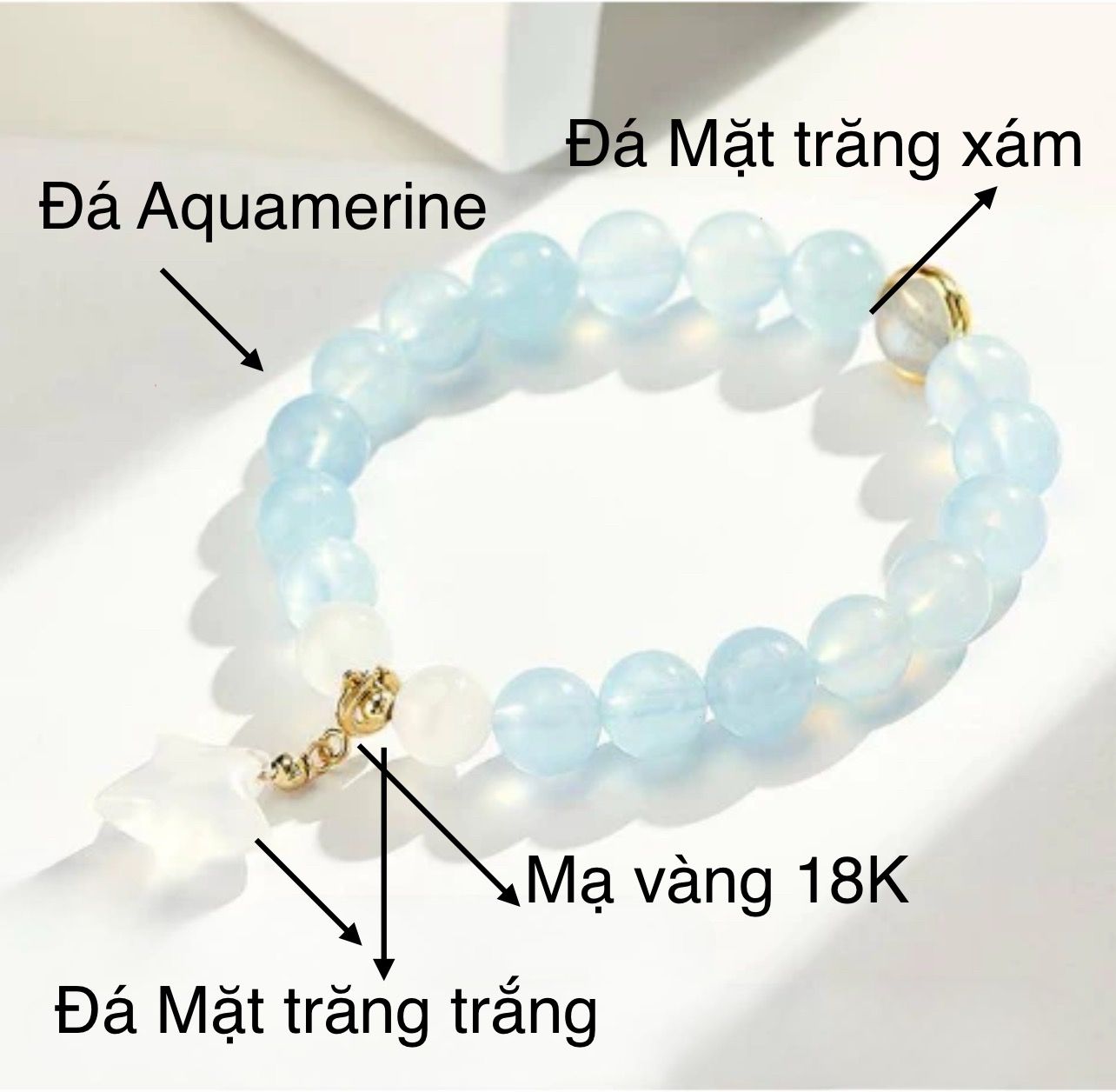 Vòng Tay Phong Thuỷ Cao Cấp - Ngôi Sao Đá Mặt Trăng & Đá Aquamarine Thiên Nhiên