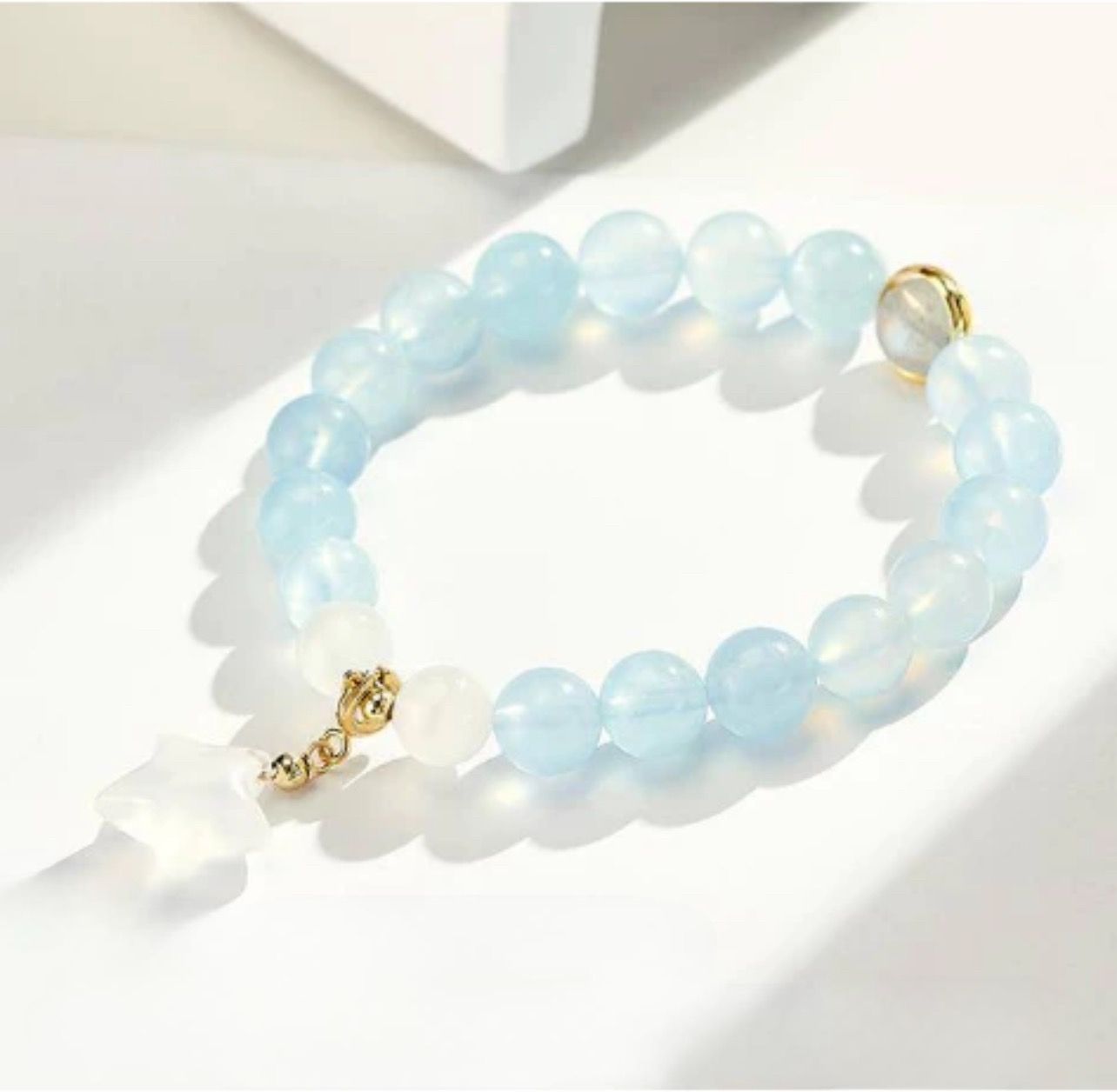  Vòng Tay Phong Thuỷ Cao Cấp - Ngôi Sao Đá Mặt Trăng & Đá Aquamarine Thiên Nhiên 