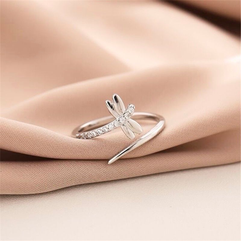 Bộ Trang Sức Bạc Cao Cấp - Dây Chuyền & Nhẫn Con Chuồn Chuồn Pha Lê Trắng