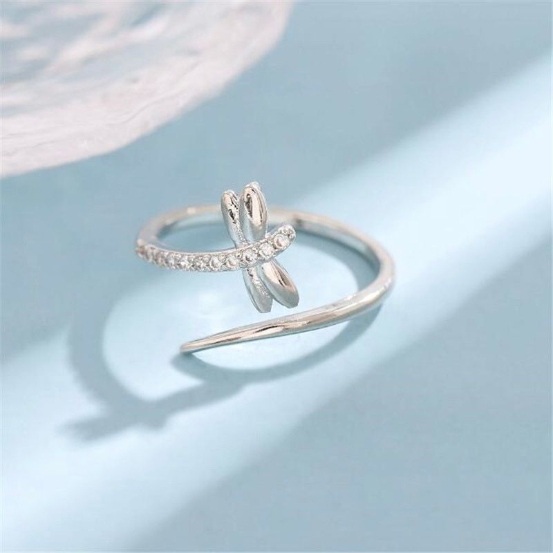 Bộ Trang Sức Bạc Cao Cấp - Dây Chuyền & Nhẫn Con Chuồn Chuồn Pha Lê Trắng