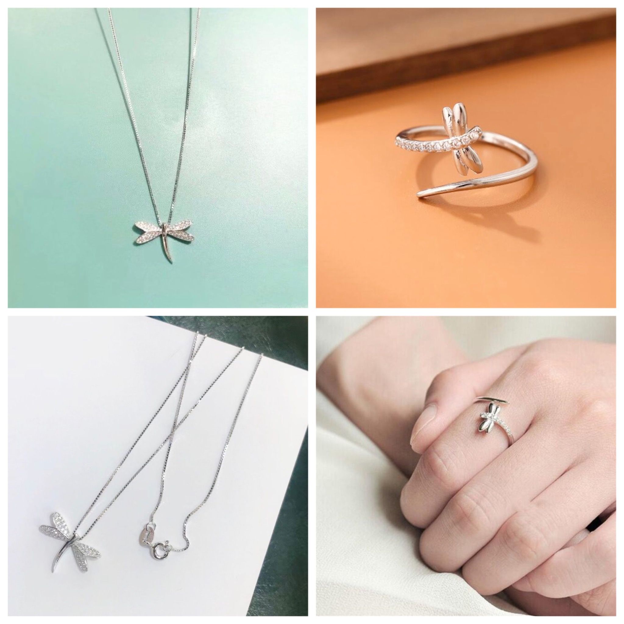 Bộ Trang Sức Bạc Cao Cấp - Dây Chuyền & Nhẫn Con Chuồn Chuồn Pha Lê Trắng