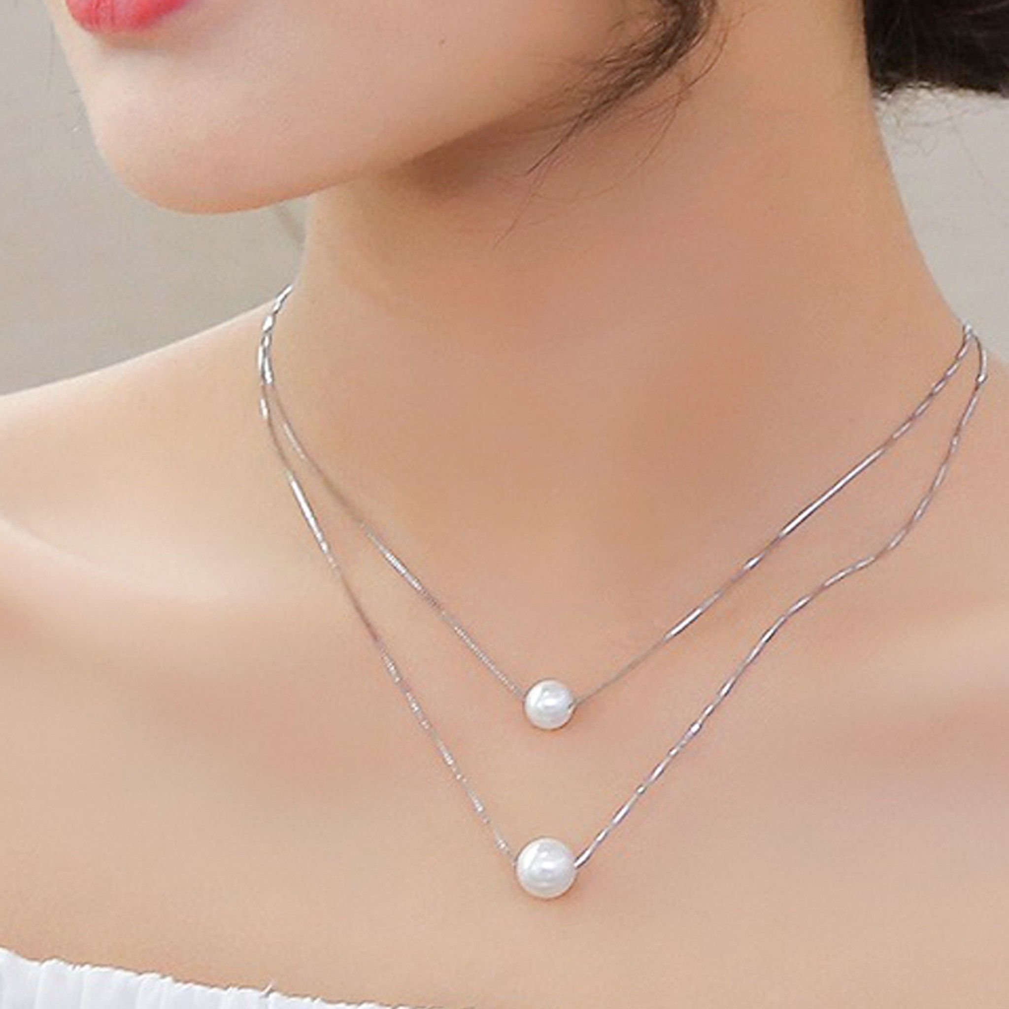 DÂY CHUYỀN NGẮN - 2 HẠT NGỌC TRẮNG 2 TẦNG (AA)