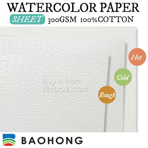 Giấy màu nước Baohong 300gsm 100% cotton, tờ lẻ