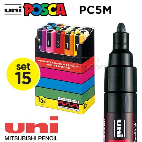 Bút vẽ trên nhiều chất liệu Uni Posca PC5M - bộ 15 cây