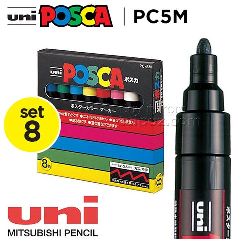 Bút vẽ trên nhiều chất liệu Uni Posca PC5M - bộ 8 cây