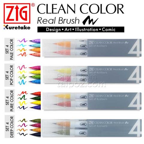 Bút lông Zig Clean Color Real Brush, bộ 4 màu