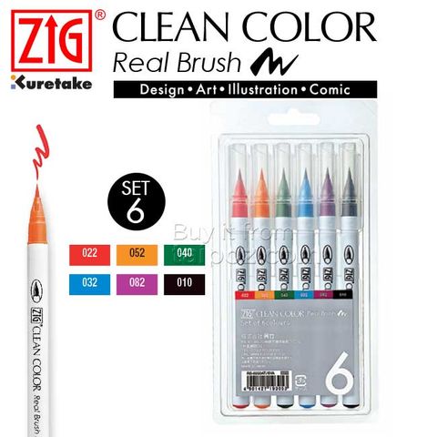 Bút lông Zig Clean Color Real Brush, bộ 6 màu