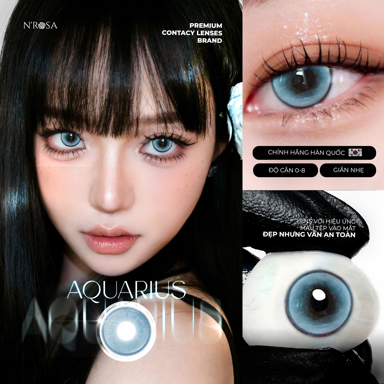 Aquarius Blue Lens with Prescription by N'Rosa for Breathing Eyes, Premium Quality, Distributed by Angel Eyes | Prescription Range 0-8 | Super Moisture MPC Material