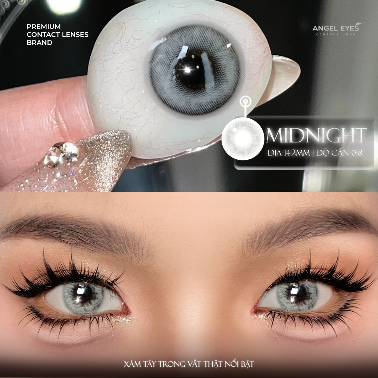 Lens áp tròng xám tây Angel Eyes Midnight có cận | GDia 12.8 | Độ cận 0-8