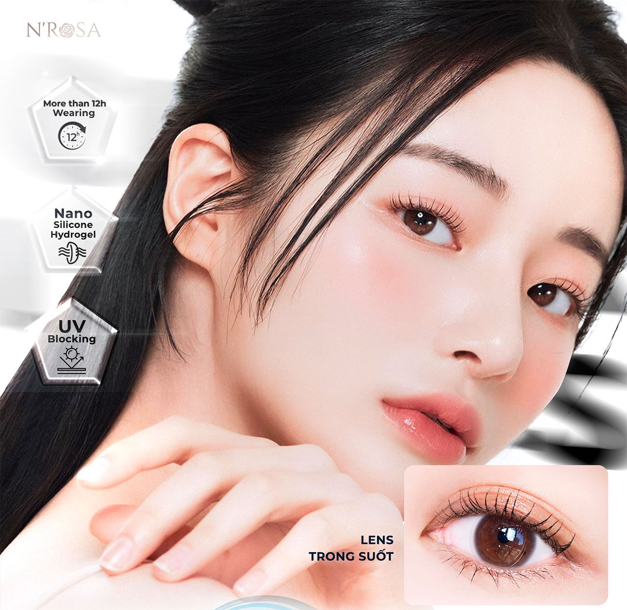 Lens trong suốt cận có độ từ 1-10 cho mắt thở cao cấp N’Rosa Angel Eyes phân phối | Chất liệu Silicone Hydrogel khoá ẩm