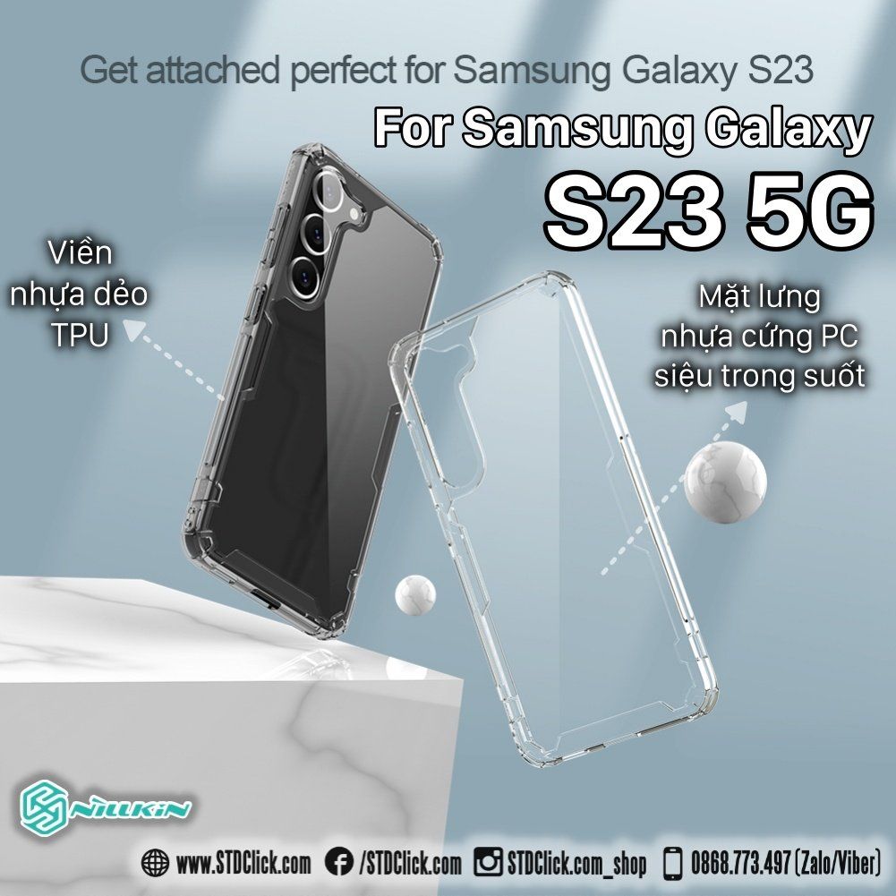 ỐP LƯNG SAMSUNG GALAXY S23 5G NILLKIN NATURE TPU PRO LƯNG KÍNH PC TRONG VIỀN DẺO CHÍNH HÃNG