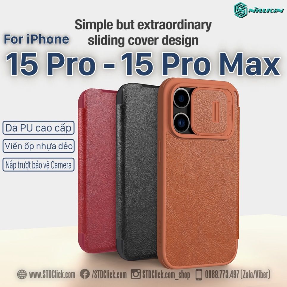 BAO DA IPHONE 15 PRO MAX - 15 PRO NILLKIN QIN PRO leather BẢO VỆ CAMERA CHÍNH HÃNG