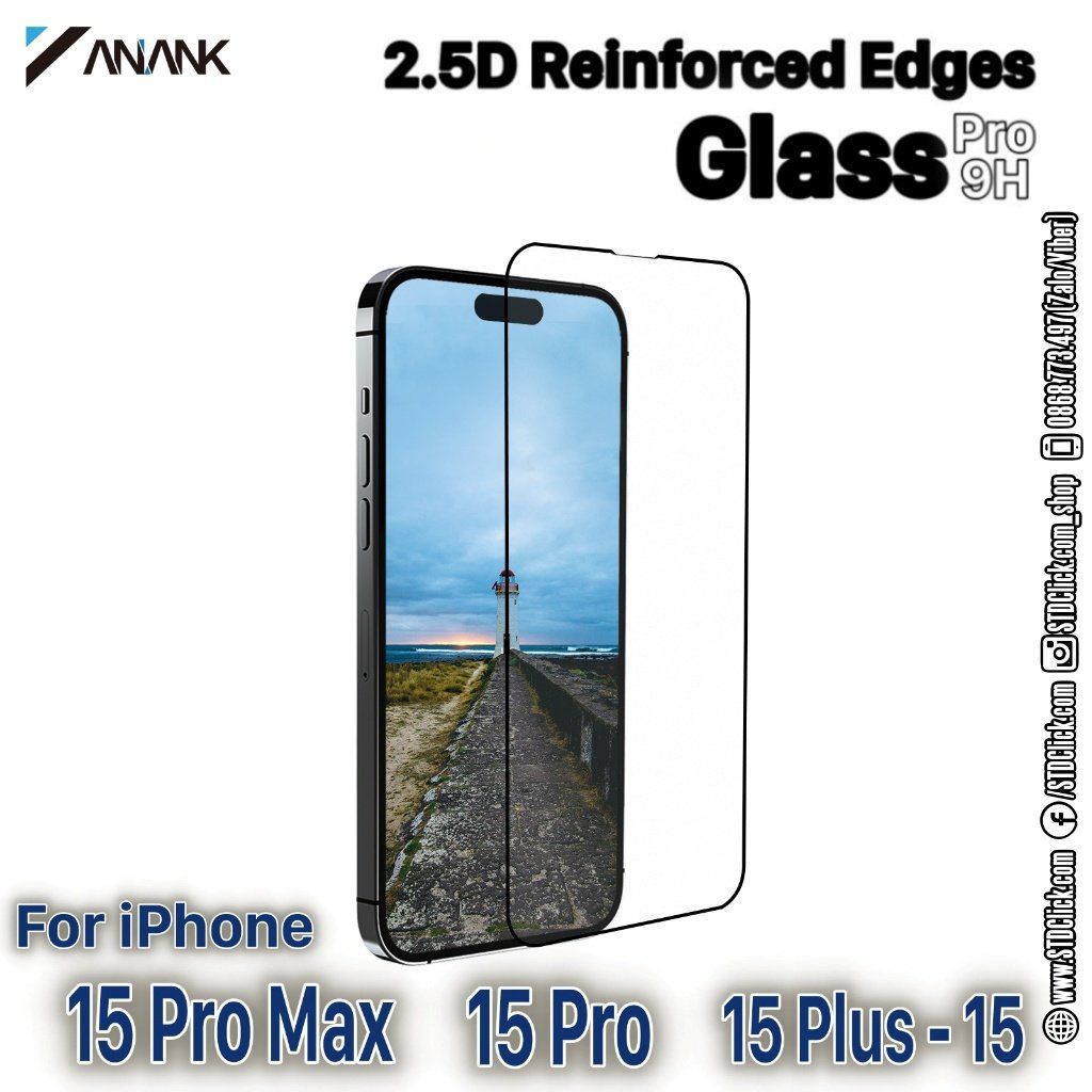 KÍNH CƯỜNG LỰC IPHONE 15 PRO MAX - 15 PRO - 15 PLUS - 15 ANANK VIỀN ĐEN 2.5D CHÍNH HÃNG