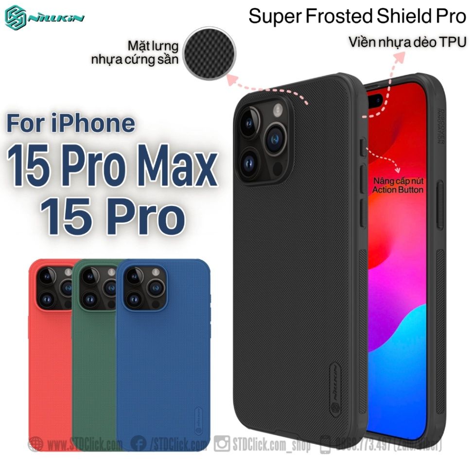 ỐP LƯNG IPHONE 15 PRO MAX - 15 PRO NILLKIN NHỰA CỨNG VIỀN DẺO - Super Frosted Shield Pro - CHÍNH HÃNG