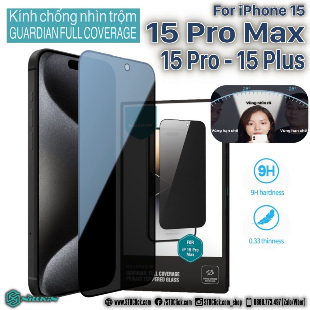 KÍNH CƯỜNG LỰC IPHONE 15 PRO MAX - 15 PRO - 15 PLUS - 15 NILLKIN GUARDIAN CHỐNG NHÌN TRỘM CHÍNH HÃNG