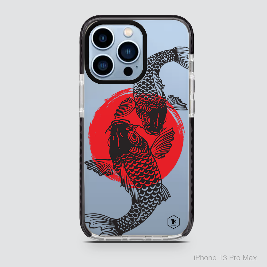 KOI - TWO BLACK FISH WITH RED SUN