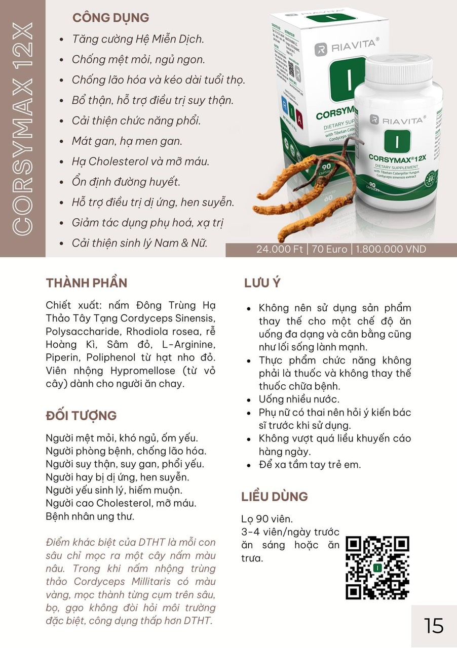 Riavita CorsyMax 12x - Đông Trùng Hạ Thảo Tây Tạng