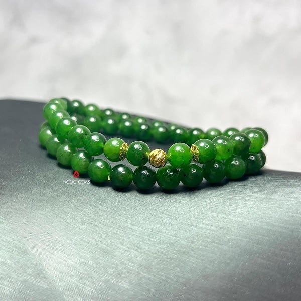 Vòng tay Ngọc Nephrite mix Charm Bi phay và Chụp hoa vàng 10K
