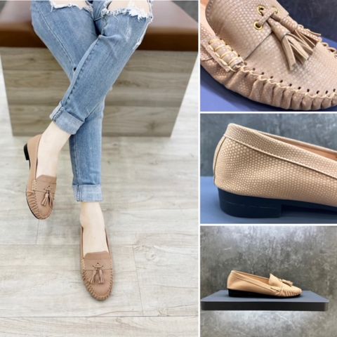 GIÀY MỌI MOCCASIN NỮ NÂU KEM TUA RUA CM02208N