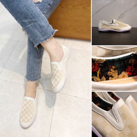 [HÀNG MỚI] GIÀY SLIP ON NỮ TRẮNG KEM HOẠ TIẾT CARO DA LÌ SLIPONCARO