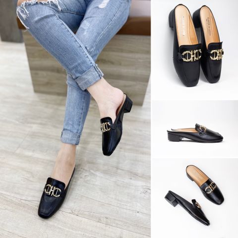 GIÀY SỤC LUSSO SLIPPER NỮ MŨI VUÔNG ĐEN KHOÁ ĐAN VÀNG 5CM SL5-01B