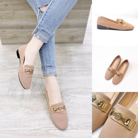 [HÀNG MỚI] GIÀY BÚP BÊ LOAFER NÂU KEM KHÓA V VÀNG CL022-005BR