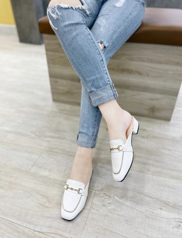 GIÀY SỤC LUSSO SLIPPER NỮ MŨI VUÔNG TRẮNG LẮC VÀNG 5CM SL5-04W