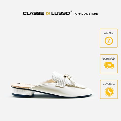 LUSSO - GIÀY SỤC SLIPPER NỮ HOẠ TIẾT TRẮNG HẠT LẮC VÀNG TUA RUA 3CM SL3-05W