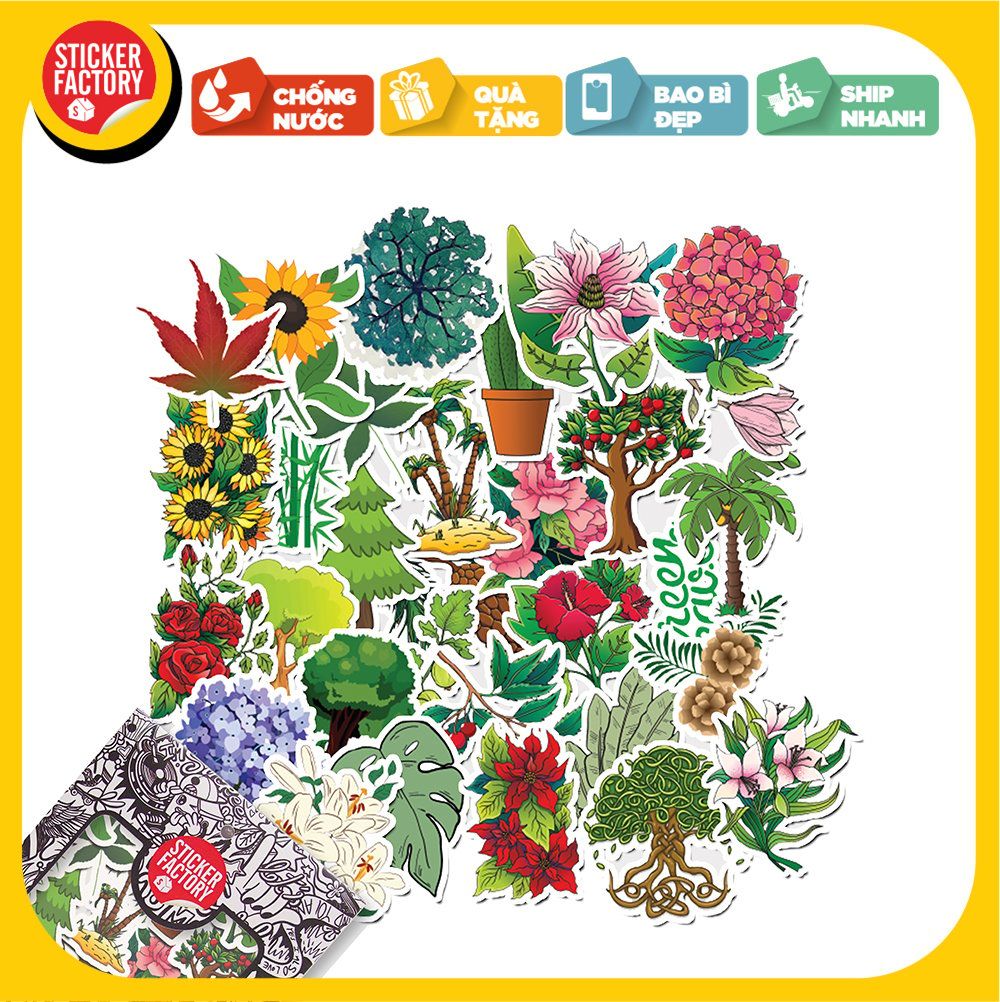 Green Tree Flower - Set 30 sticker hình dán