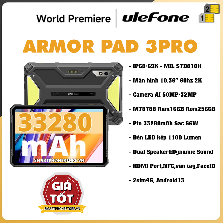 Ulefone Armor Pad 3Pro - Máy tính bảng siêu bền 10.36inch Pin33280mAh 66w Ram16GB Cam50/32MP Android13