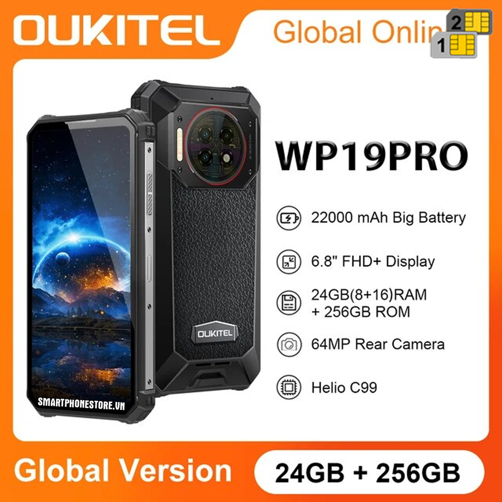 Oukitel WP19 Pro - Siêu bền pin 22000mAh cam hồng ngoại chụp đêm Ram24GB Rom256GB