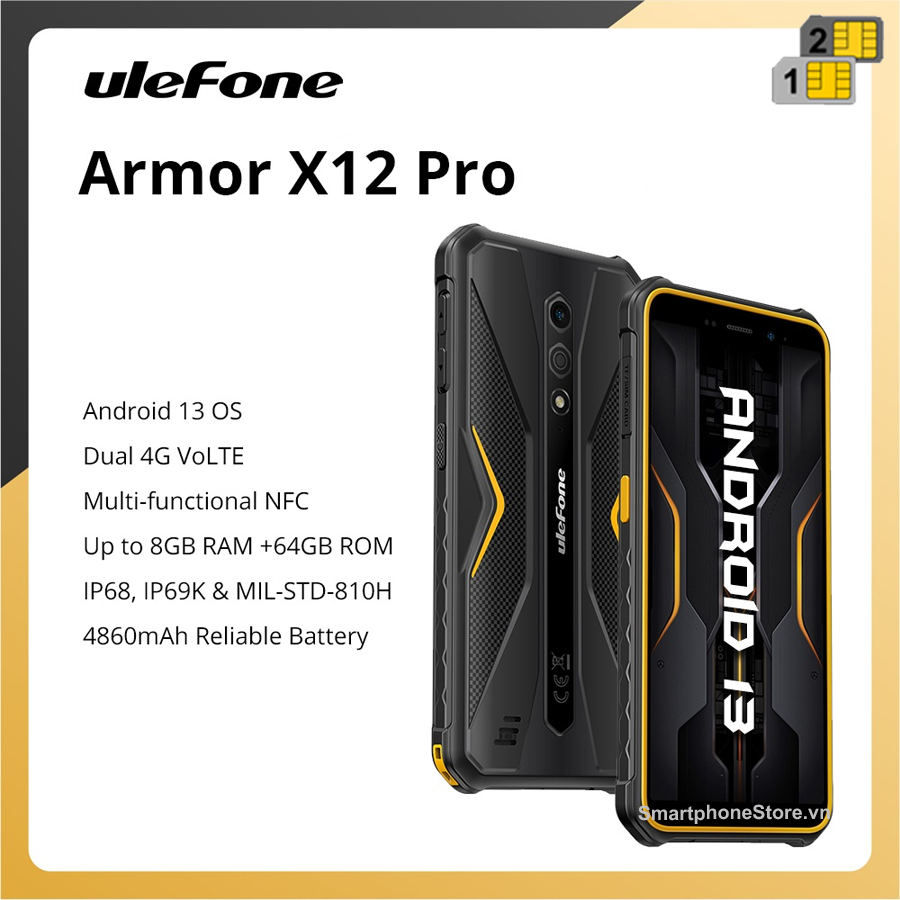 Ulefone Armor X12 Pro - Mỏng Bền IP69K Ram8GB Cam13MP Pin4860mAh Android13