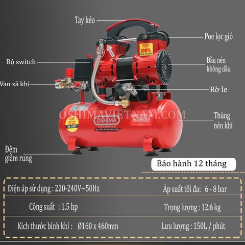 Máy nén khí không dầu Oshima 12-1.5 1.5HP Đỏ Điện 1 pha