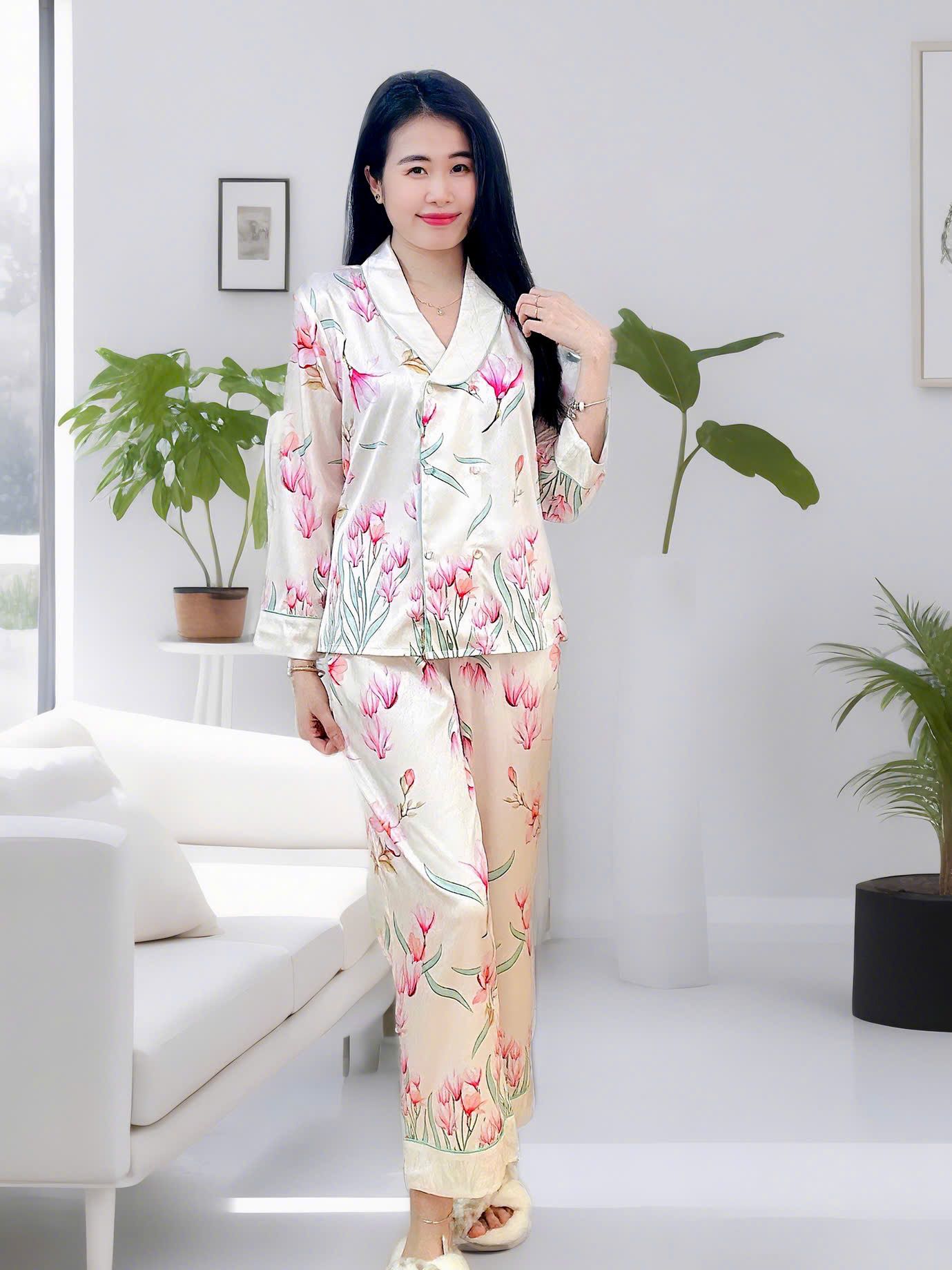 Bộ lụa xước cao cấp mặc nhà tay dài quần dài