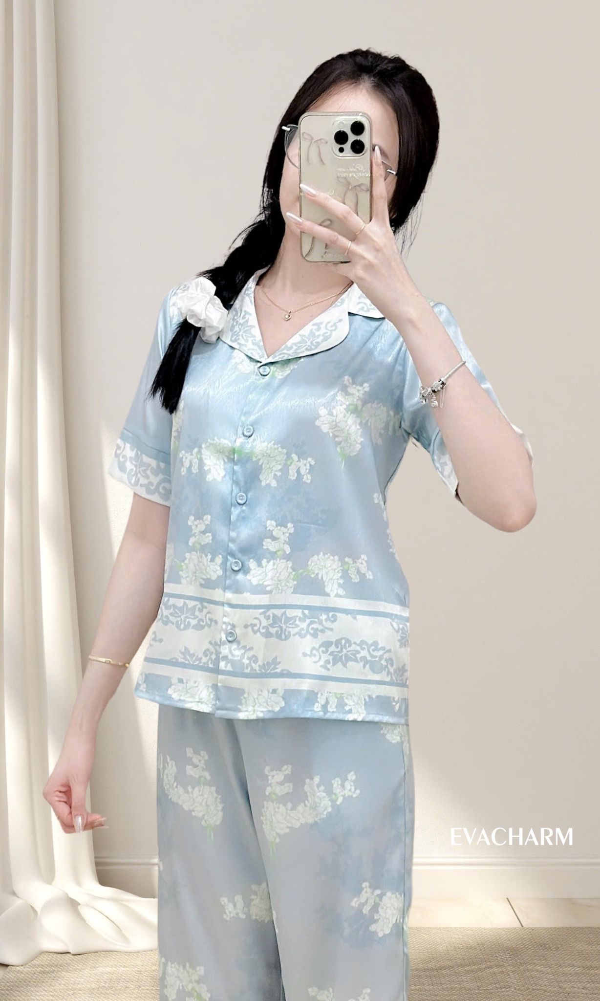 Bộ mặc nhà tay ngắn quần dài chất lụa vân gỗ cao cấp mềm mịn
