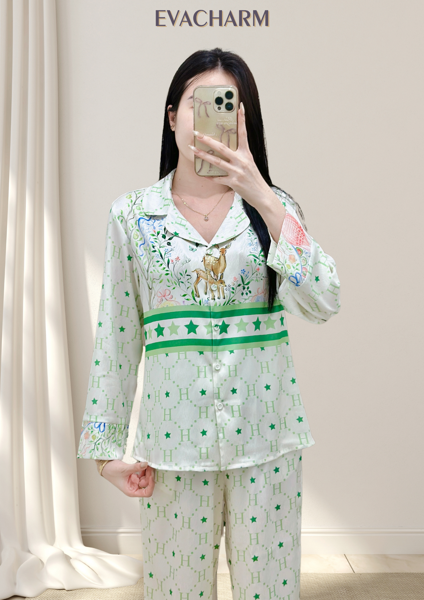 Bộ mặc nhà tay dài quần dài chất lụa vân gỗ cao cấp mềm mịn