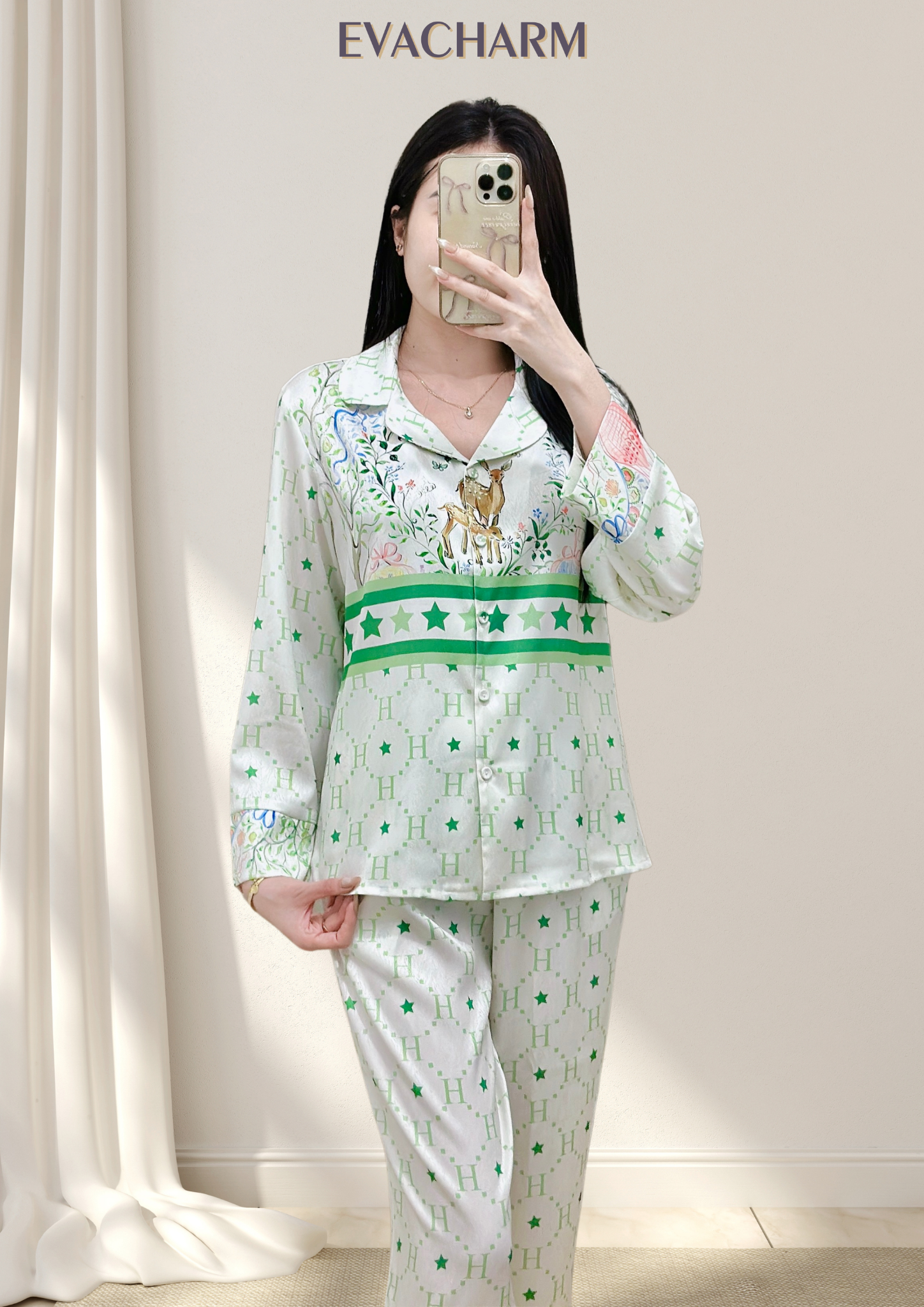 Bộ mặc nhà tay dài quần dài chất lụa vân gỗ cao cấp mềm mịn
