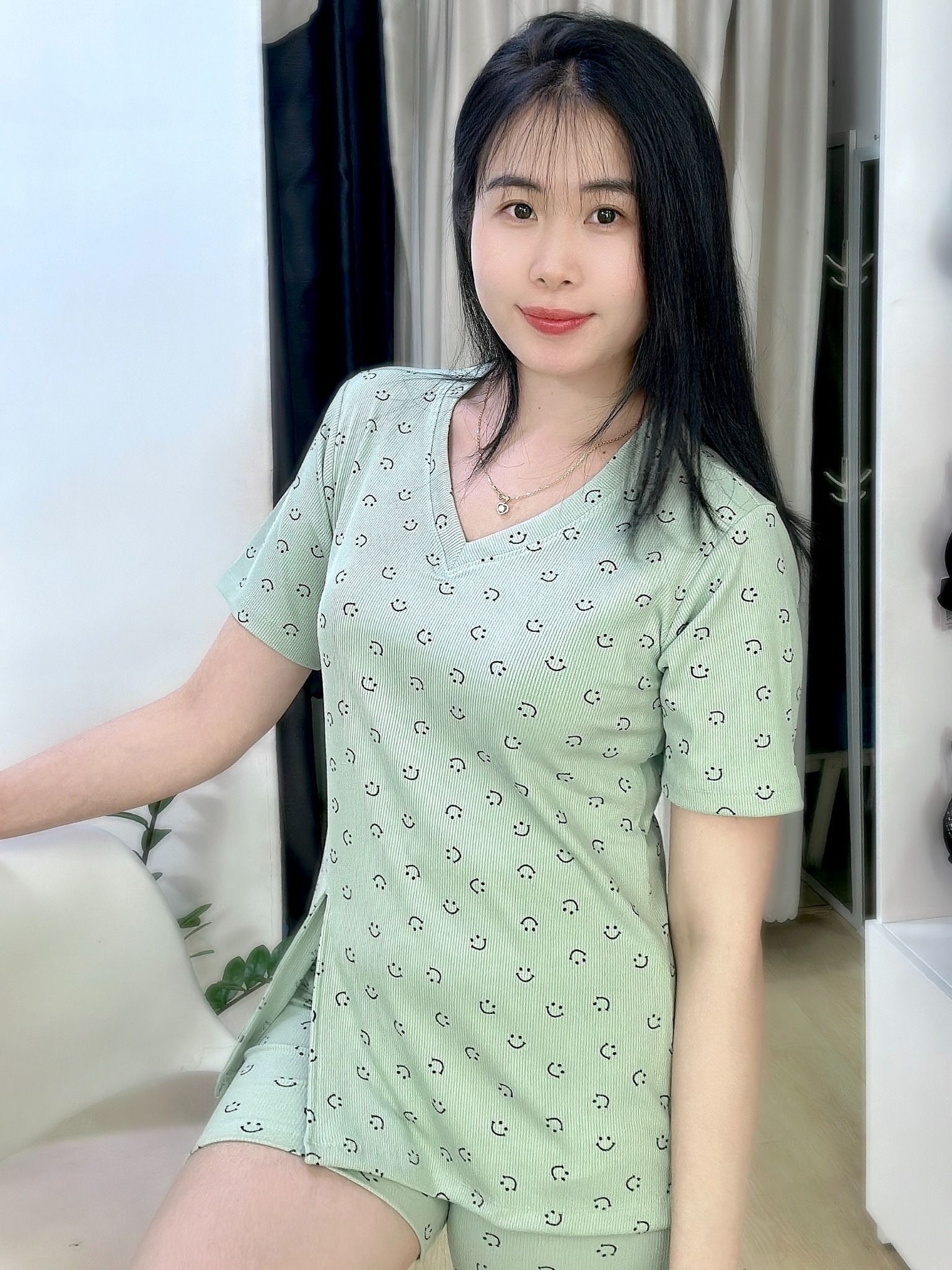 Bộ thun gân mặc nhà tay ngắn quần đùi màu xanh ngọc