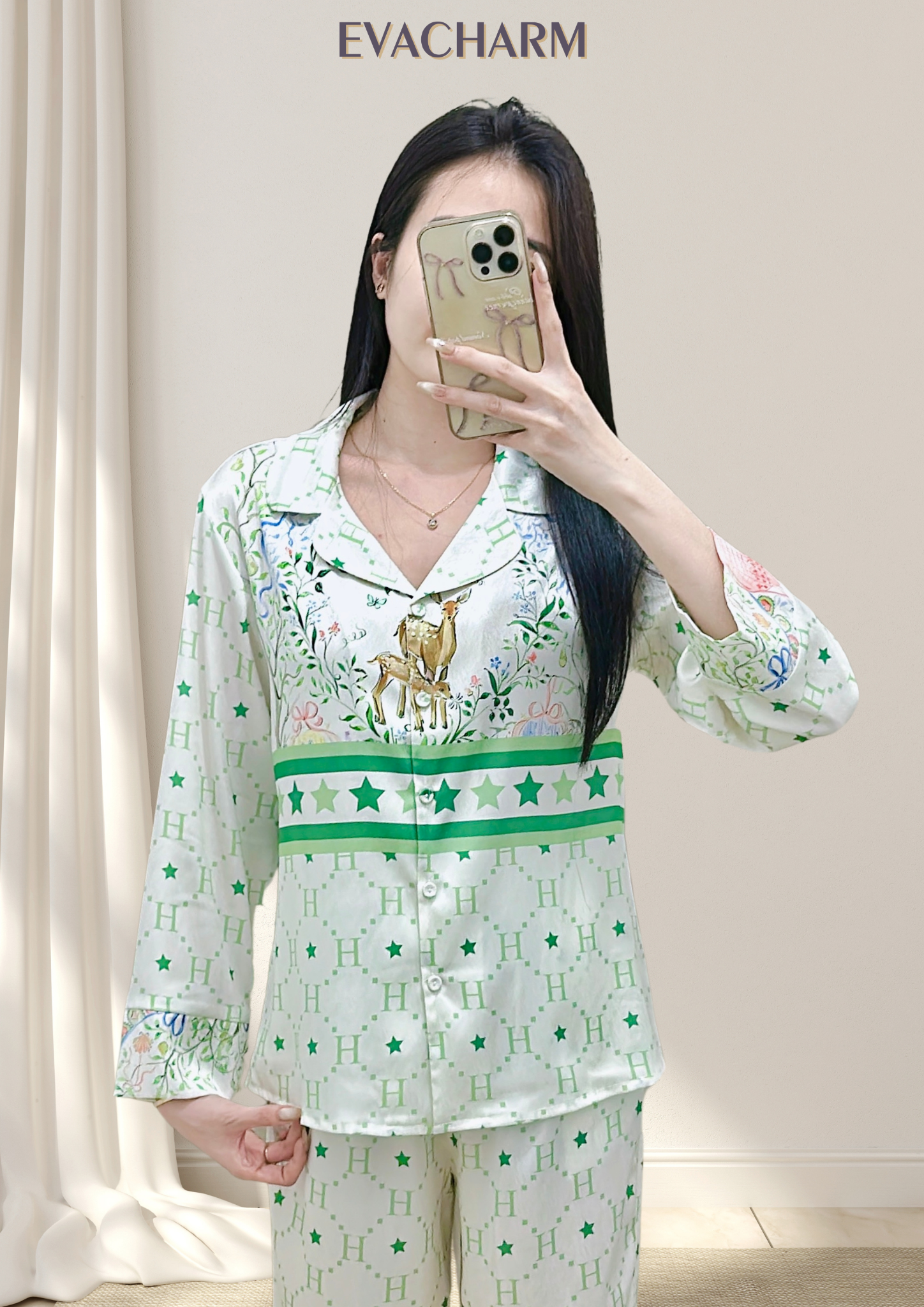 Bộ mặc nhà tay dài quần dài chất lụa vân gỗ cao cấp mềm mịn