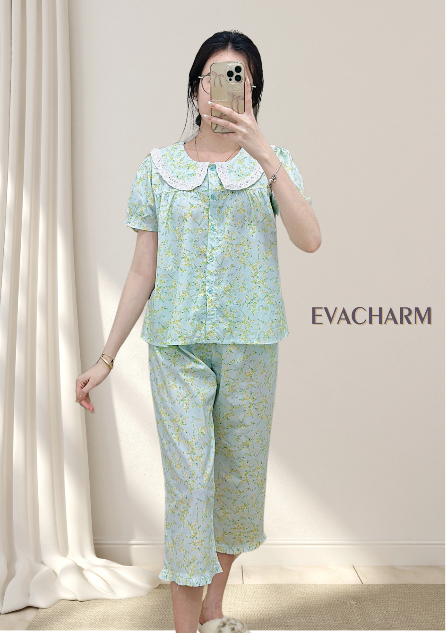 Bộ mặc nhà cổ sen tay ngắn quần lỡ 8 tấc Kate Cotton