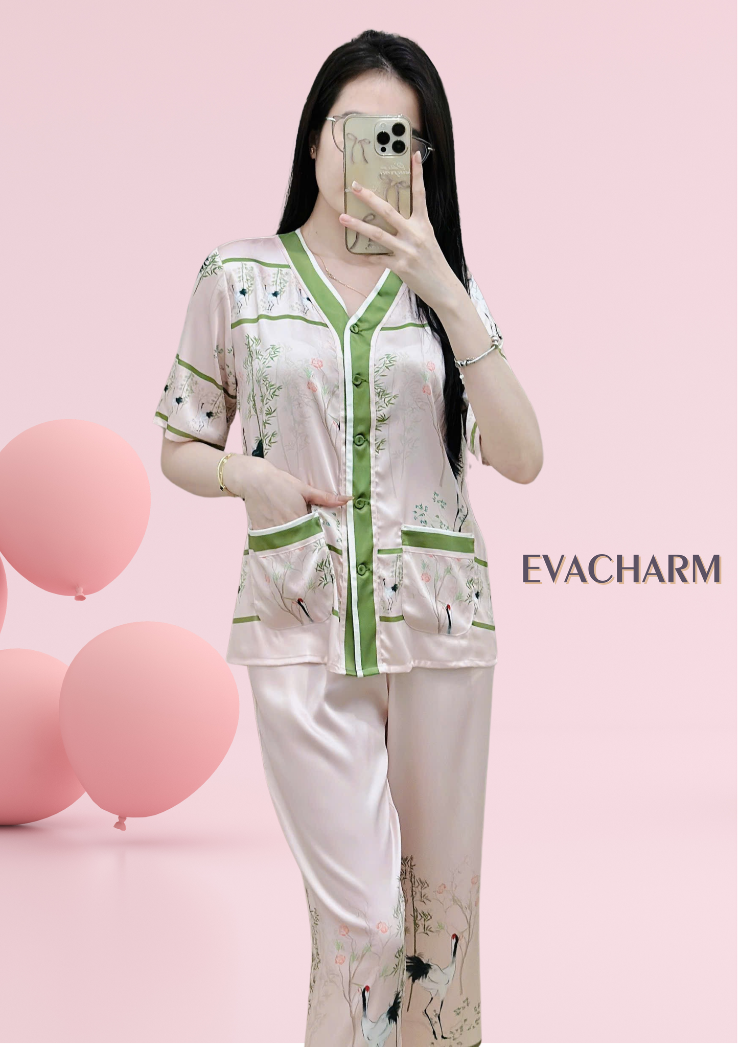 Bộ mặc nhà tay ngắn quần dài chất lụa Pháp mát mịn