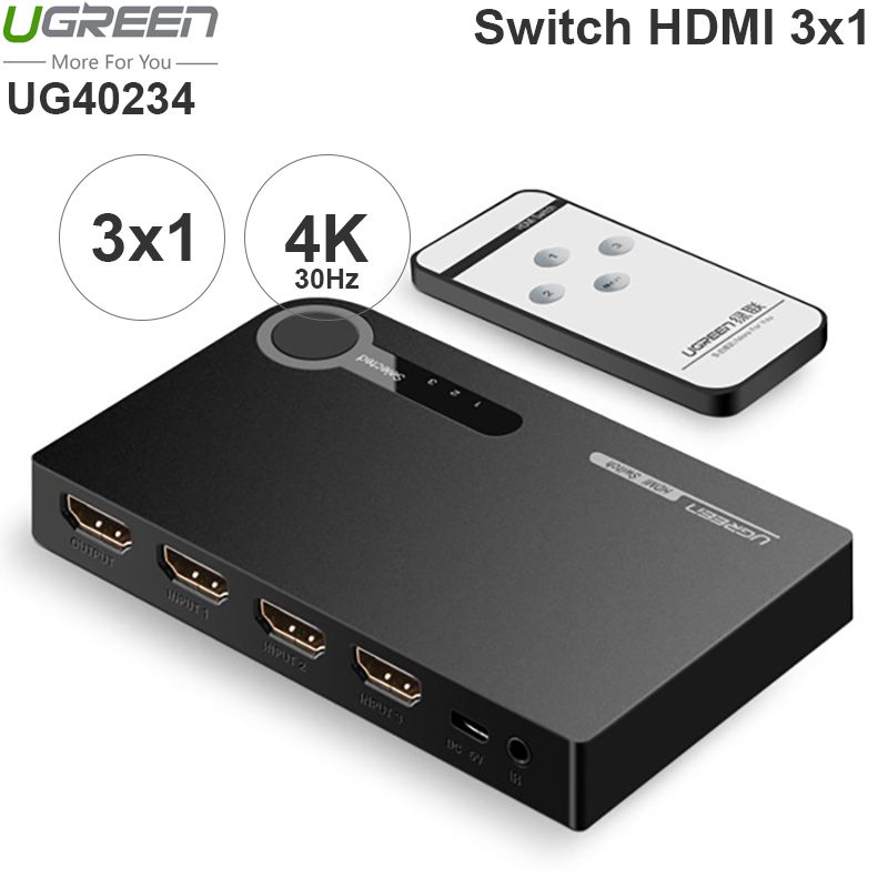 Switch HDMI 3x1 4K 30Hz Ugreen 40234 có điều khiển từ xa