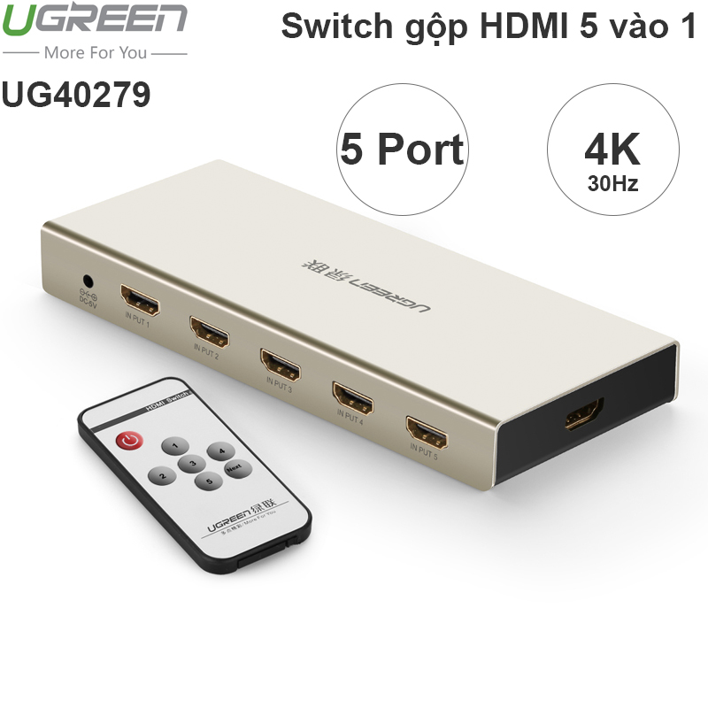 Bộ chuyển mạch HDMI 5x1 Ugreen 40279 hỗ trợ 3D 4K30Hz có điều khiển