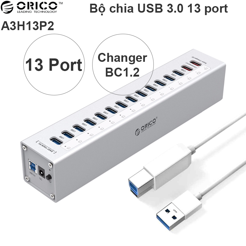 Bộ chia USB 3.0 13 cổng nguồn ngoài 12V vỏ nhôm hỗ trợ sạc 2 USB 5V-2.4A Orico A3H13P2