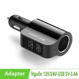  Tẩu sạc nguồn trên ô tô 2 cổng USB 2.4A và 1A Ugreen 20394 có đầu mở rộng 12V 