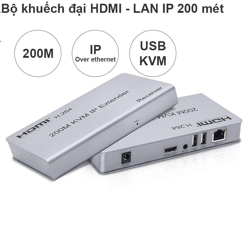 Bộ khuếch đại mở rộng HDMI và USB qua dây cáp mạng 200 mét - HDMI KVM Over Ethernet 200M Extender- Bộ kéo dài đường truyền HDMI USB qua dây cáp mạng 200 mét