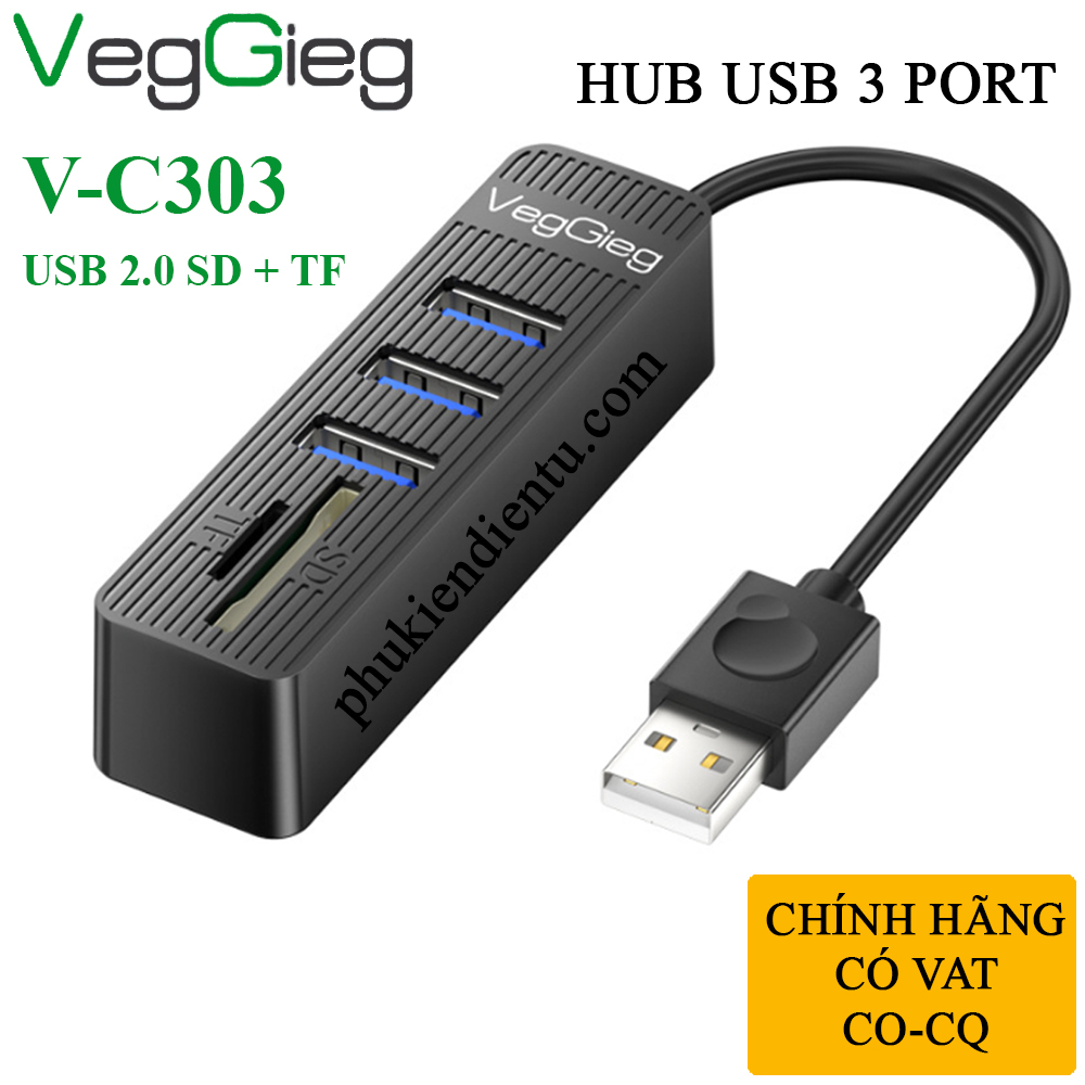 Bộ Chia USB 2.0 ra 3 Cổng USB và Đọc Thẻ Nhớ SD/TF Chính Hãng Veggieg V-C303 - Hub USB 5 trong 1
