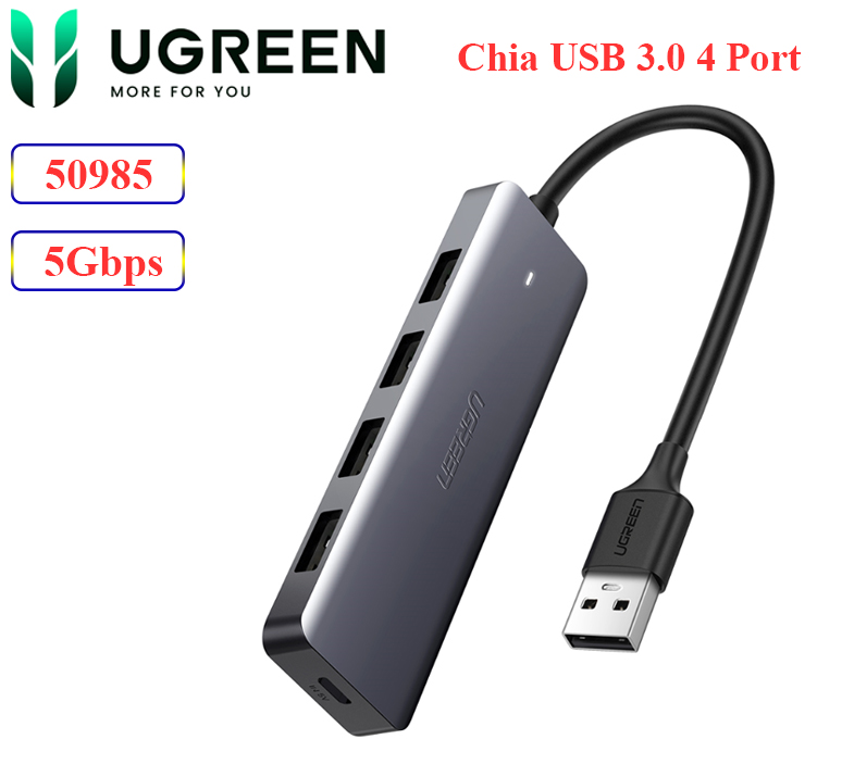 Bộ chia USB 3.0 4 cổng dài 15Cm hỗ trợ nguồn phụ type C Ugreen 50985 CM219