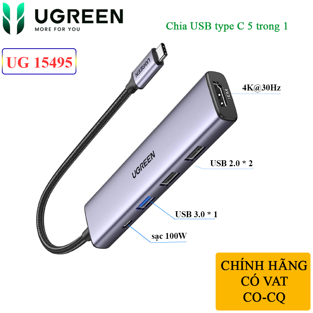 Bộ chia USB typeC ra HDMI 4K@30Hz và USB 3.0 USB 2.0 sạc 100W chính hãng Ugreen 15495